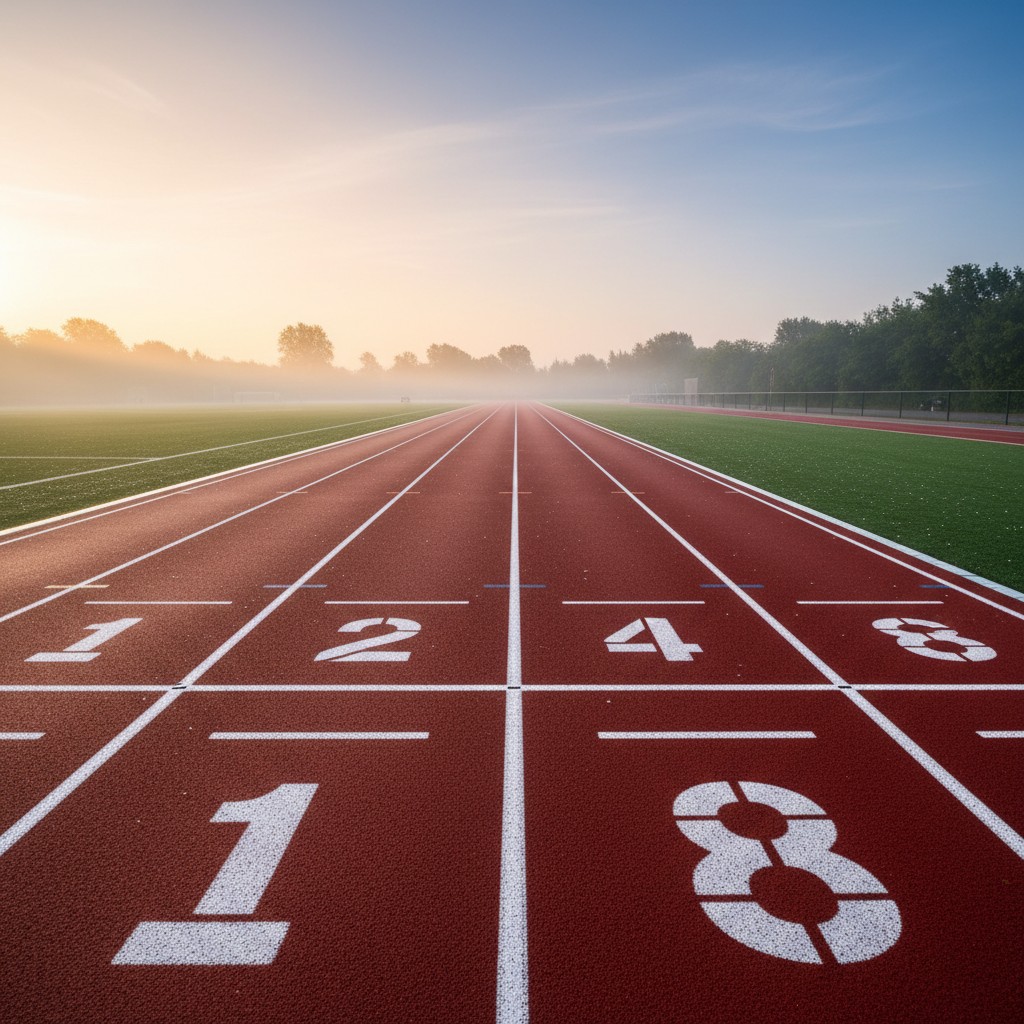 A long, empty track with lane markings, set on a grass field with trees and a setting sun.