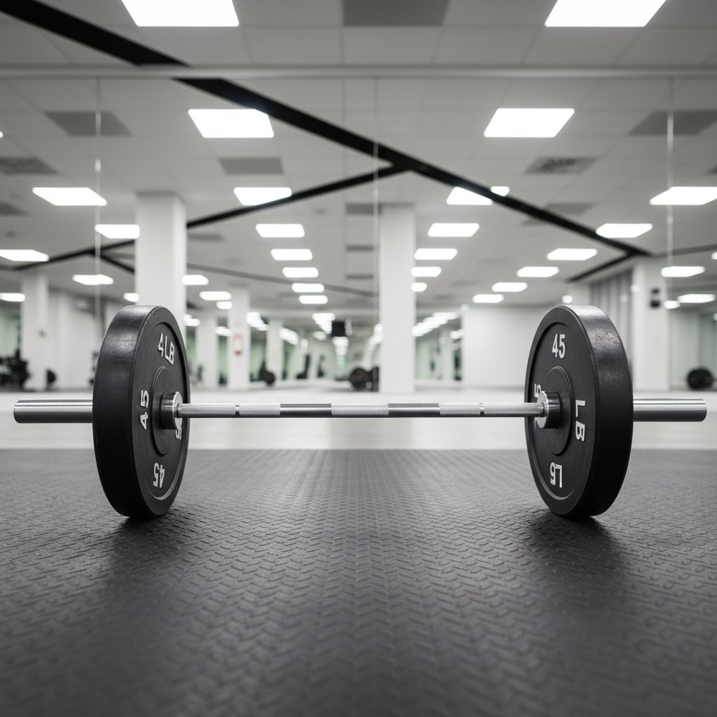 The text below would help describe an image for accessibility: "Empty weight gym with a barbell in the foreground and larg...