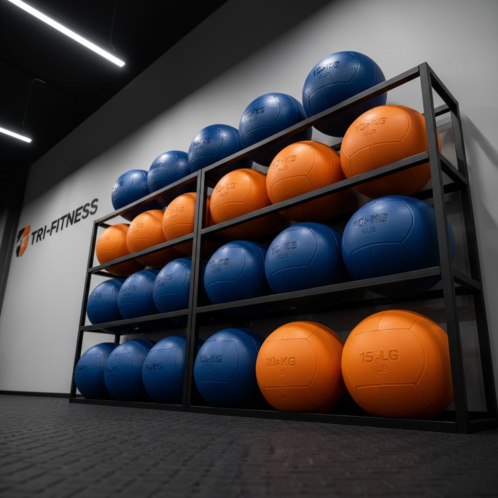 A spacious room with a dark gray floor and ceiling, and a silver wall adorned with 'TRI-FITNESS' logo. On the shelves are ...